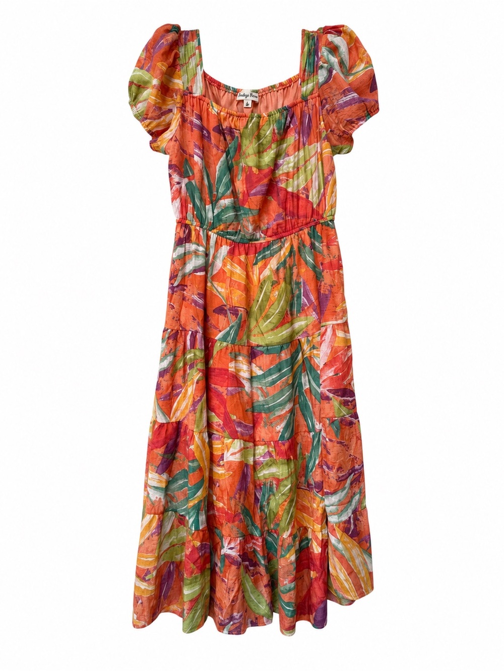 Tropical Floral Puff Sleeve Midi Dress Boho Resort Large New with Tags